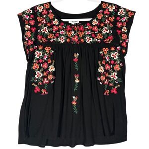Angel Heart Boutique NWT Floral Embroidered Top Sz L Black Cap Sleeve Bohemian